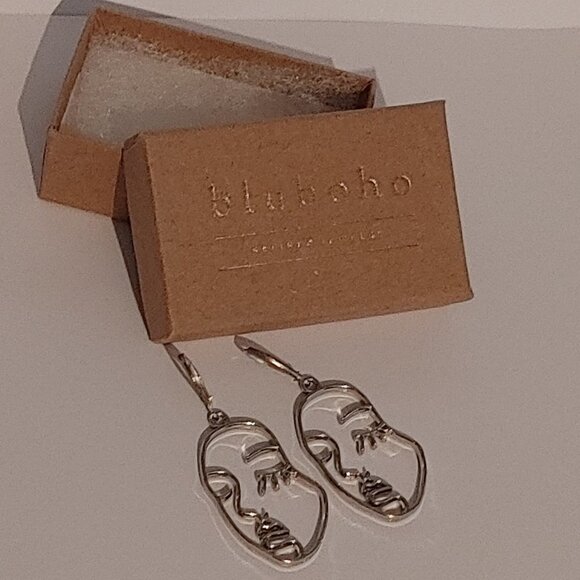 Abstract face dangle fashion earrings Picaso Esque Silver Tone BNIP - Picture 4 of 6